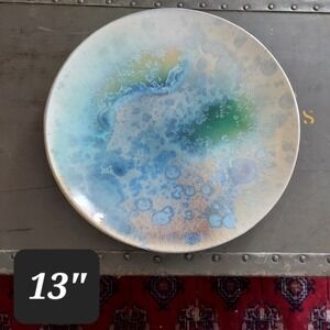 Folette Studio Pottery 13" Crystalline Glaze Charger Platter Blue Green Signed